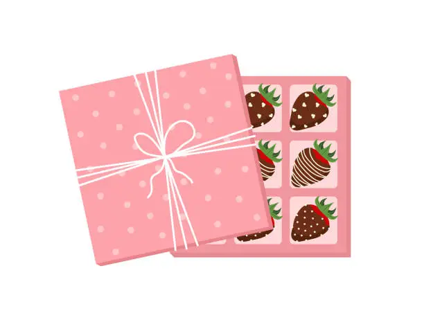 Vector illustration of Strawberries in milk chocolate in gift box. Sweet dessert for Valentines day. Vector illustration in flat cartoon style