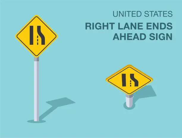 Vector illustration of Traffic regulation rules. Isolated United States right lane ends ahead sign. Front and top view. Vector illustration template.