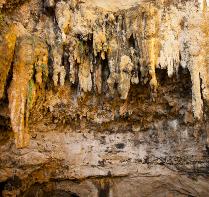 Stalactite and other cave formations hanging from the ceiling