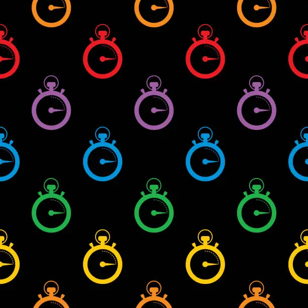 Vector illustration of Colorful Stopwatches Black Background Seamless Pattern