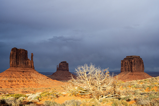 The famous Monument Valley in the USA with a very dark sky