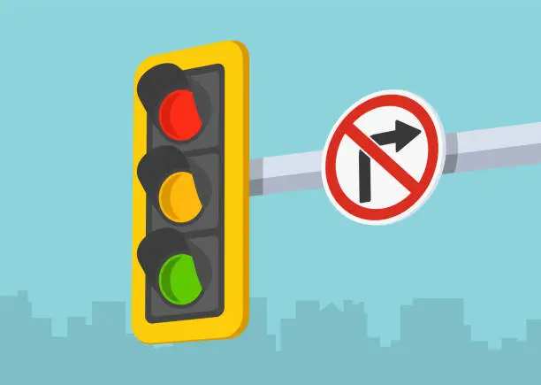 Vector illustration of Traffic light and no right turn road sign. Perspective close-up view. Vector illustration template.