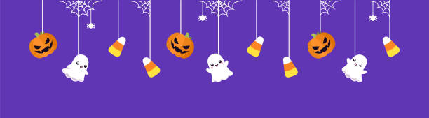 ilustrações, clipart, desenhos animados e ícones de banner de borda de halloween feliz com fantasma, milho doce e abóboras jack o lanterna penduradas em teias de aranha. spooky ornaments decoração vector ilustração, truque ou tratar convite de festa - spider web halloween corn pumpkin