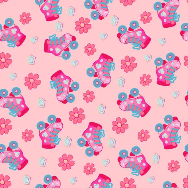 Vector illustration of Pink seamless pattern with glamour pink roller skates, diamonds and flowers. Pink aesthetic. Vector illustration.