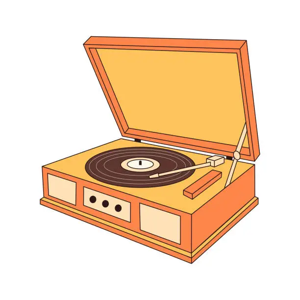 Vector illustration of Retro phonograph icon. Vintage Record player with vinyl disc. Portable turntable. Audio Equipment for Music Listening 60s, 70s.