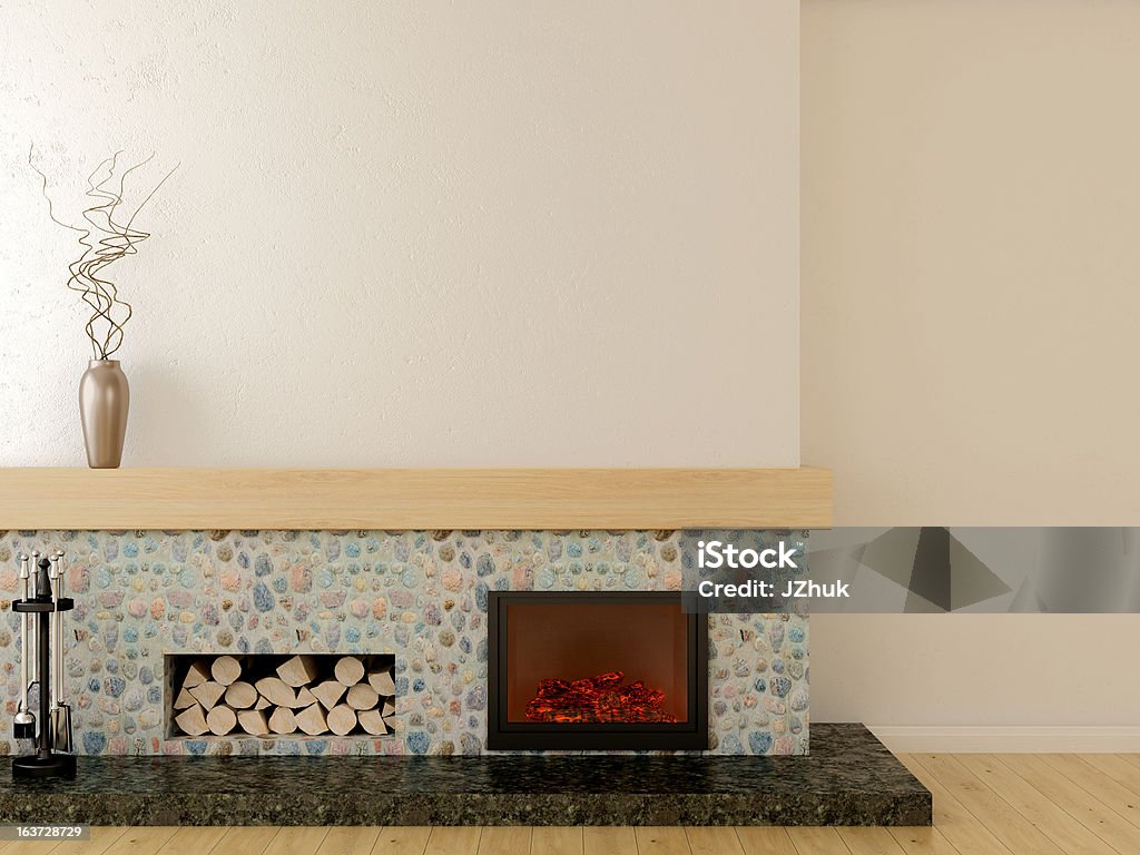 Modern fireplace Fireplace in modern style, located on a marble pedestal, lined with stone and wooden mantel Fireplace Stock Photo