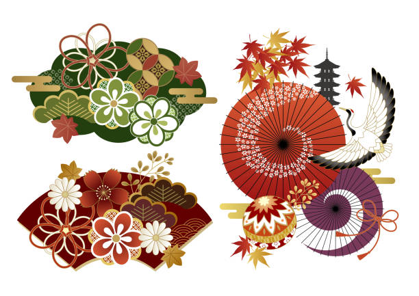 illustrations, cliparts, dessins animés et icônes de ensemble décoration d’automne japonaise - japanese maple leaf autumn abstract