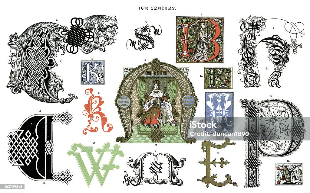 Medieval Illuminated Letters Vintage lithograph from 1860 of examples of Medieval Illuminated Letters from 16th Century period Calligraphy stock illustration