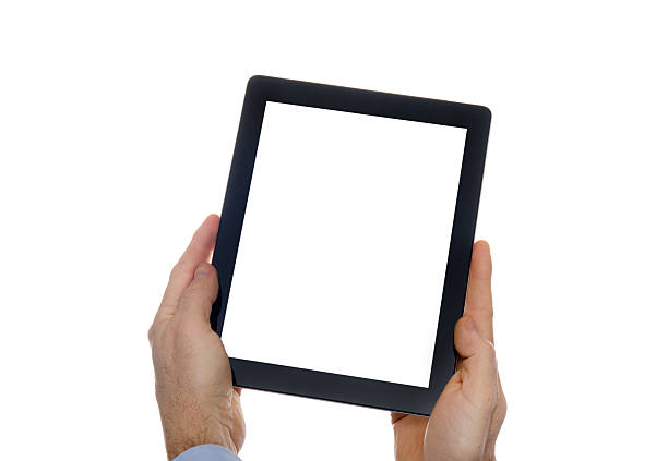 istock Human hand holding black digital tablet with blank screen 163729371