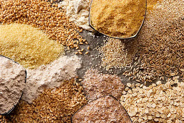 Piles of organic whole grains in different forms.