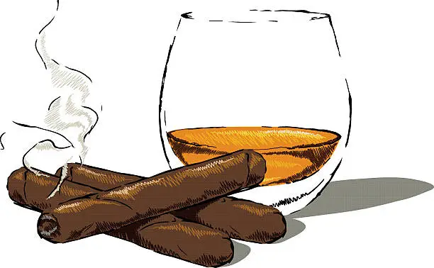 Vector illustration of Whisky glass with a cigar