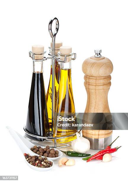 Olive Oil Vinegar Bottles Pepper Shaker And Spices Stock Photo - Download Image Now