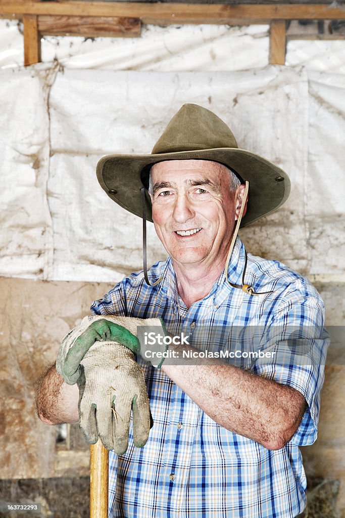 Senior farmer portrait with big smile Senior farmer portrait in an old barn, featuring a  big toothy smile. He is wearing a cowboy hat. Copy space above and around head. 60-69 Years Stock Photo