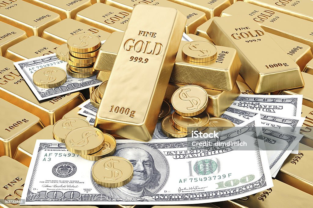 bullion gold bars, gold coins and paper money. Ingot Stock Photo