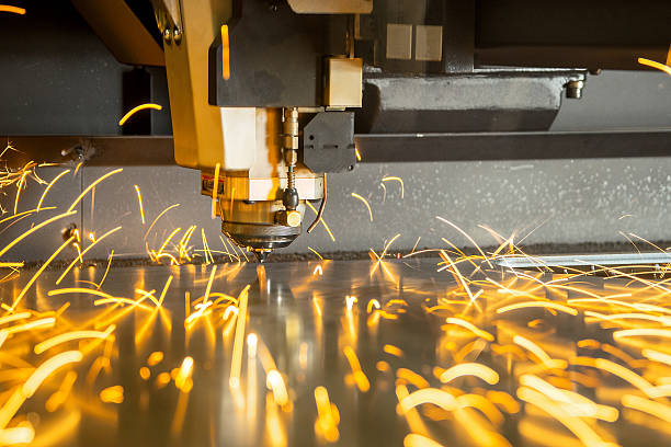 istock Industrial, CNC, laser sheet metal-cutting machine in operation 163732880