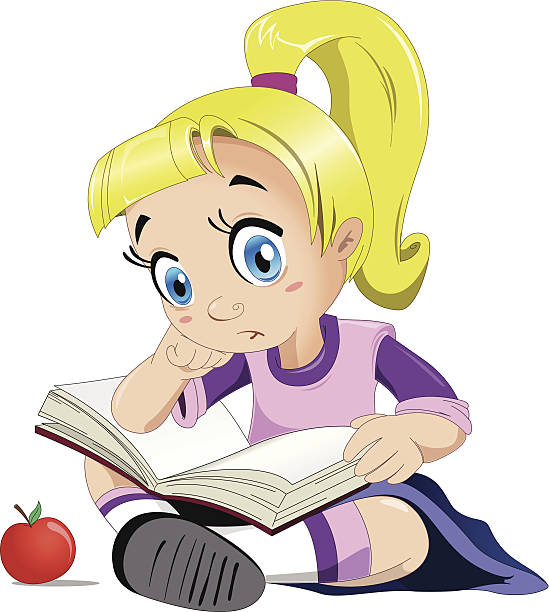 Small girl reading a book vector art illustration