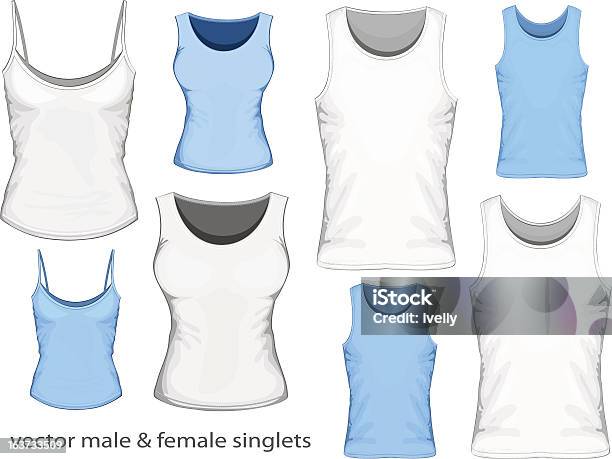 Singlets Мужского И Женского — стоковая векторная графика и другие изображения на тему Рубашка с бретельками - Рубашка с бретельками, Девушки, Шаблон