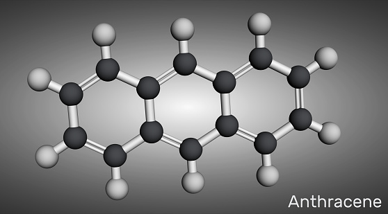 Anthracene molecule. It is polycyclic aromatic hydrocarbon PAH. Molecular model. 3D rendering. Illustration