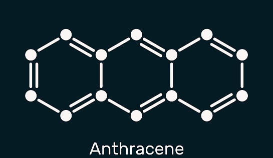 Anthracene molecule. It is polycyclic aromatic hydrocarbon PAH. Skeletal chemical formula on the dark blue background. Illustration