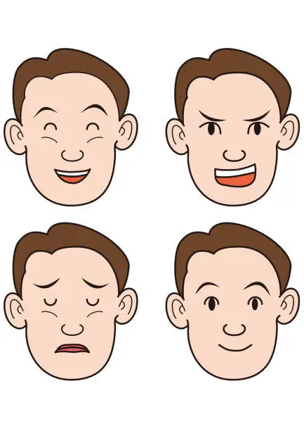 Vector illustration of Four facial expressions of middle-aged men expressing emotions