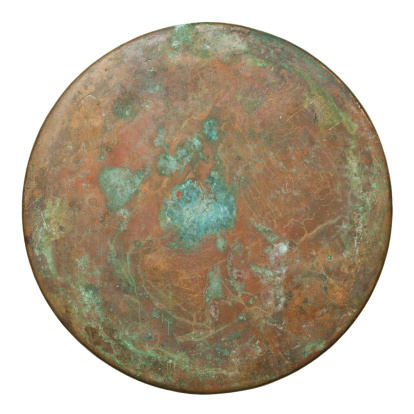 Round copper plate texture, old metal background.