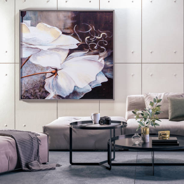 Apartment furnishing: modern sectional sofa, table decoration and decorative art