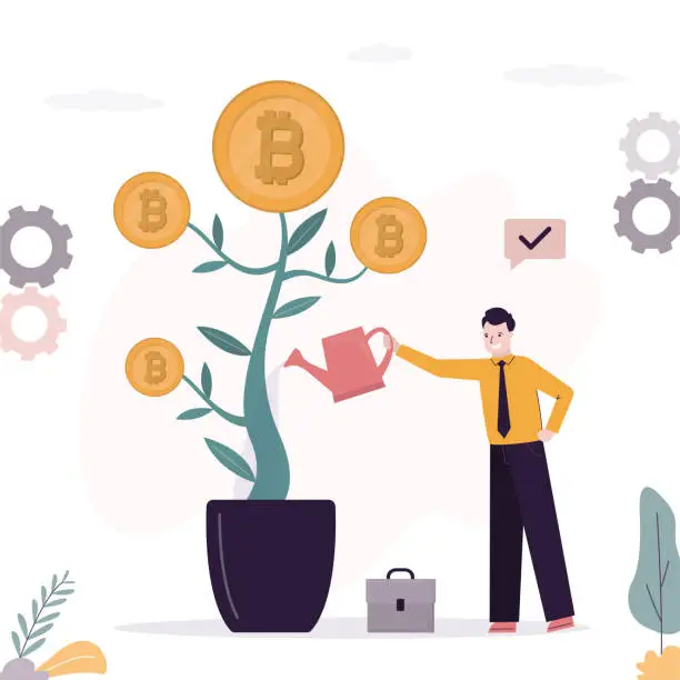 Vector illustration of Smart businessman investor watering tree with bitcoin coins. Investing money to blockchain network technology, ICO initial coin offering. Cryptocurrency tokens concept