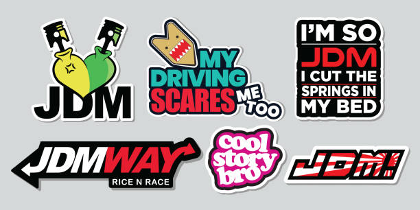 illustrazioni stock, clip art, cartoni animati e icone di tendenza di divertenti decalcomanie per auto in bianco e nero - bumper stickers