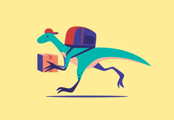 Vector illustration of courier velociraptor carrying parcel and running