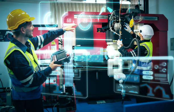 istock Multiracial tachnicial engineer training with robot arm 1637383826