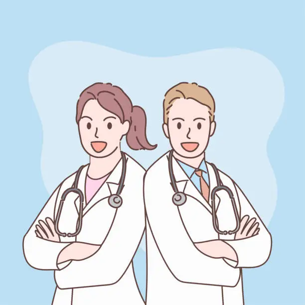 Vector illustration of Professional young male and female doctor character standing with arms crossed smiling looking up for decoration. Hand drawn style.  vector illustration isolated