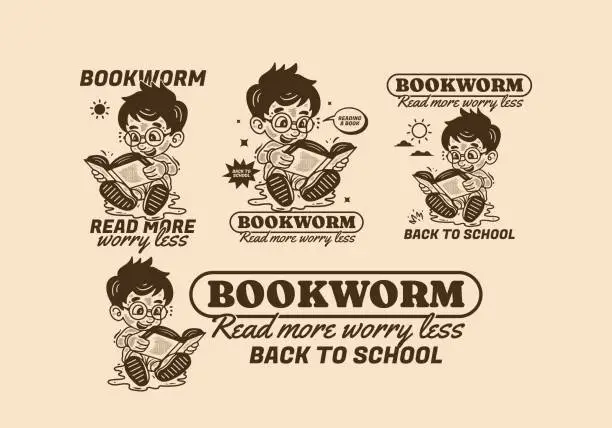Vector illustration of Bookworm, read more worry less, illustration of a little boy sitting and reading a book