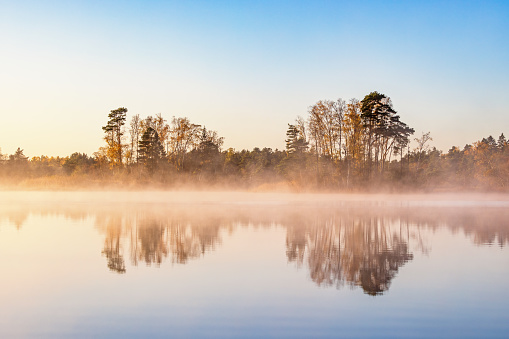 Misty morning at a forest lake with autumn colors in the woodland