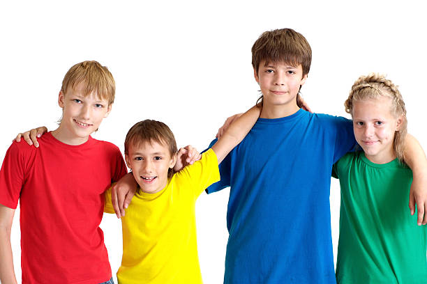 istock Friendly children in bright T-shirt 163739952