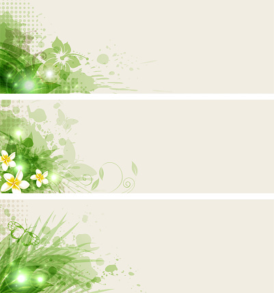 Set of vector banners with flowers and green leaves. EPS 10 file, contains transparencies.