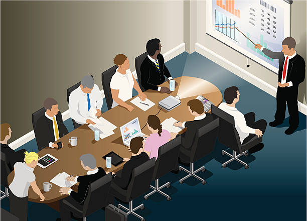 Business presentation meeting in an office Isometric vector illustration of a business projector presentation meeting in an office around a table. shareholders meeting stock illustrations