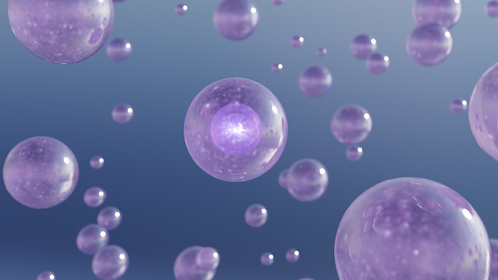 3D cosmetic rendering Purple Bubbles of serum on a fuzzy background. Design of collagen bubbles. The concept for Moisturizing Cream and Serum.