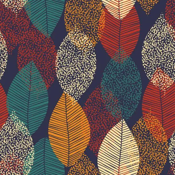Vector illustration of Autumn leaves seamless pattern. Leaf silhouettes with doodle, grunge, scribble textures.