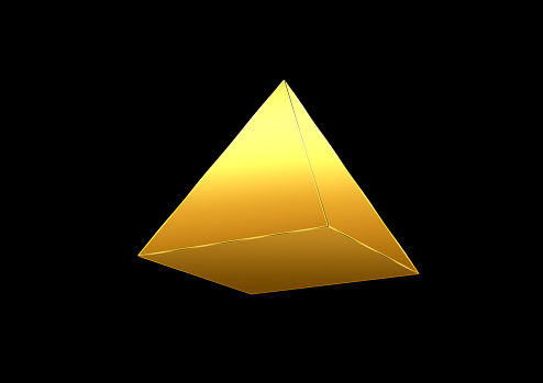 3d illustration of golden shining triangular pyramid in science and technology concept