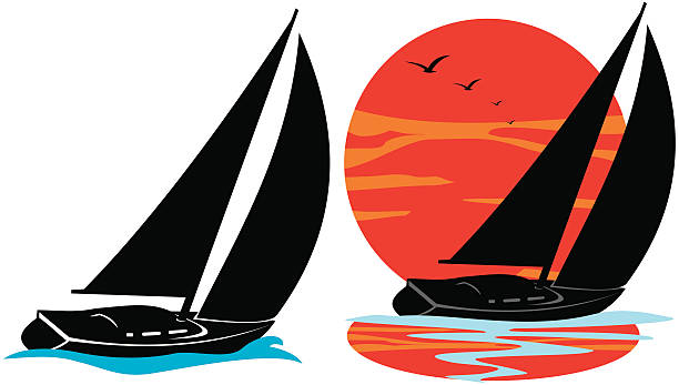 yachten silhouette-unter sail - sailcloth stock-grafiken, -clipart, -cartoons und -symbole