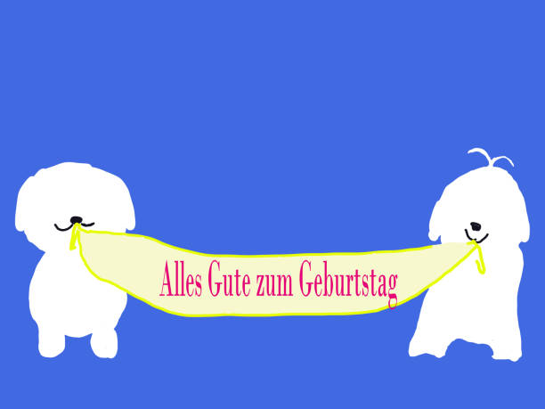 ilustrações de stock, clip art, desenhos animados e ícones de german version of a greeting card with two puppies celebrating a happy birthday - birthday card dog birthday animal