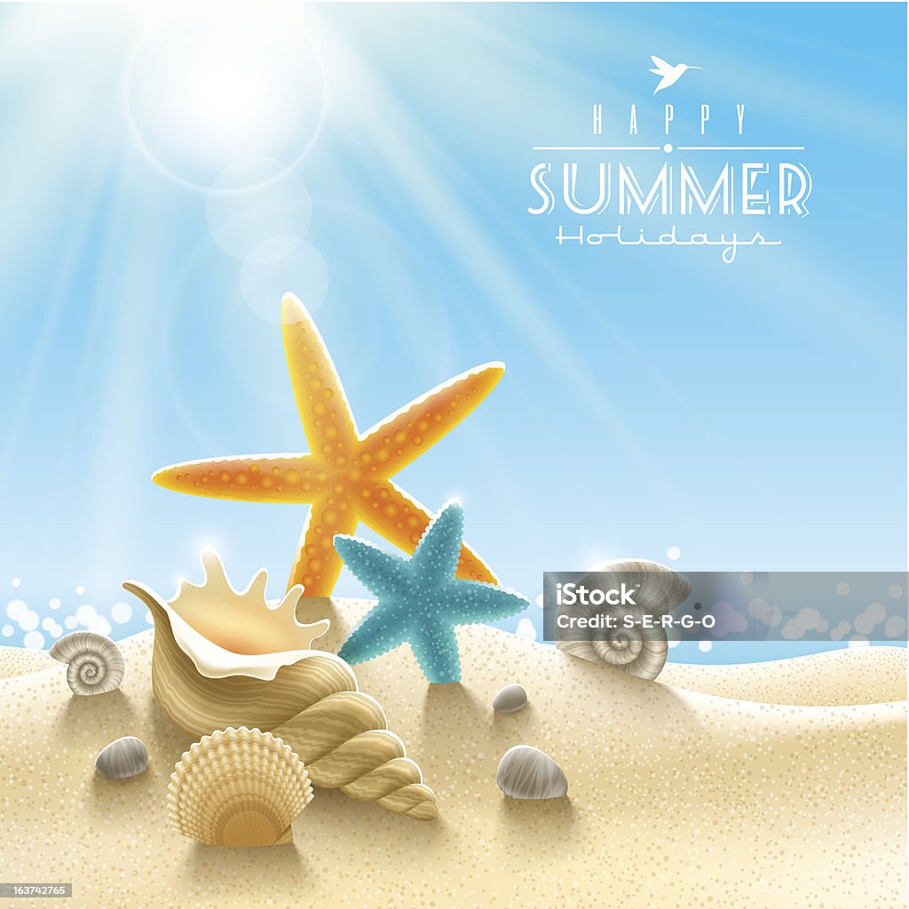 Summer holidays illustration Summer holidays illustration - sea inhabitants on a beach sand against a sunny seascape. Beach stock vector