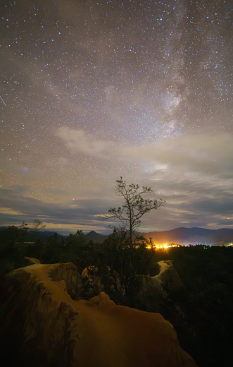 View of milky way from Pai Canyon at night in Pai Mae Hong Son Northern Thailand