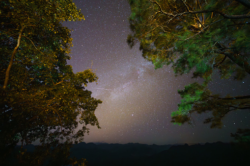 View of milky way from Pai Canyon at night in Pai Mae Hong Son Northern Thailand