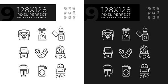 Pixel perfect dark and light mode icons representing hiking gear, editable isolated thin linear illustration set.