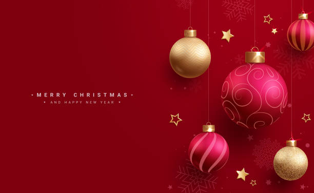 istock Christmas balls vector design. Merry christmas and happy new year greeting text with red and gold xmas balls 1637439297