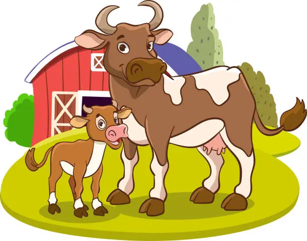Vector illustration of vector illustration of farm animals mother cow and baby cow