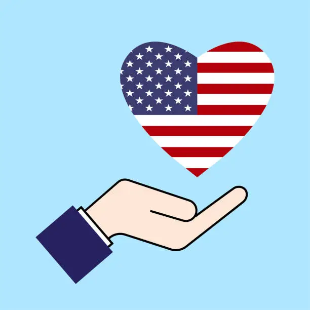 Vector illustration of Hand holding American Flag icon. vector illustration