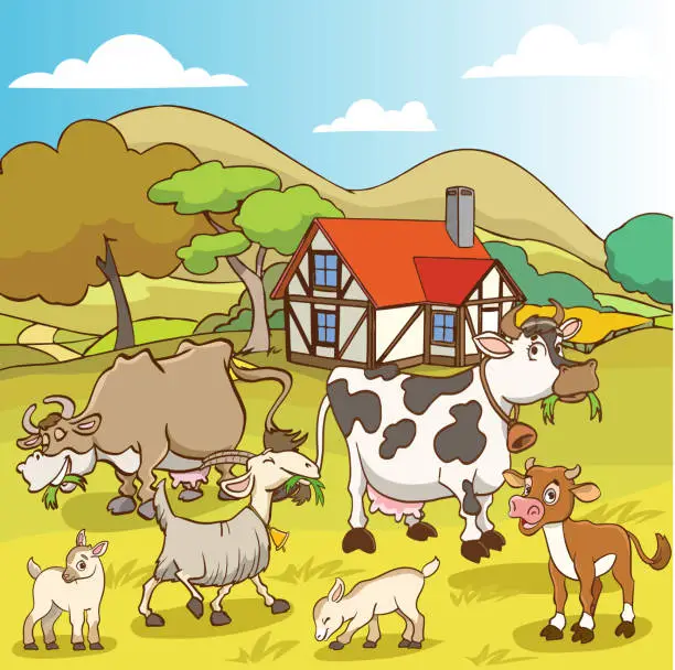 Vector illustration of vector illustration of village landscape and farm animals