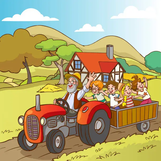 Vector illustration of vector illustration of village landscape and grandpa grandsons.farmer family riding tractor